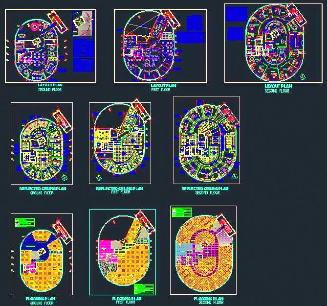 3-Floor Oval Office Layout with Glazed Facade in AutoCAD